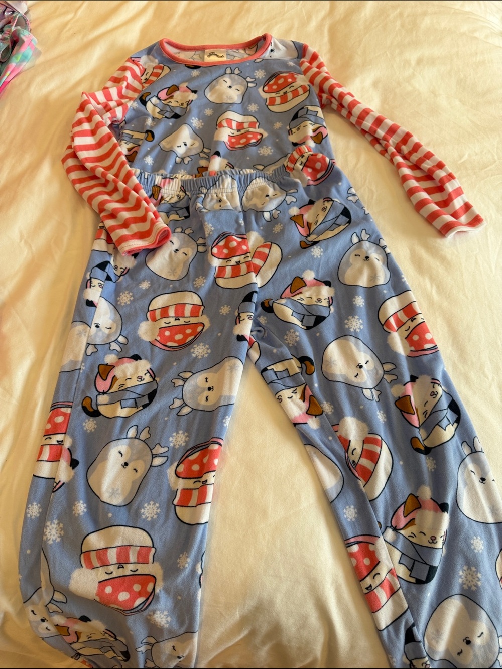 Squishmallows Light Blue Pajama Set with Red & White Striped Sleeves